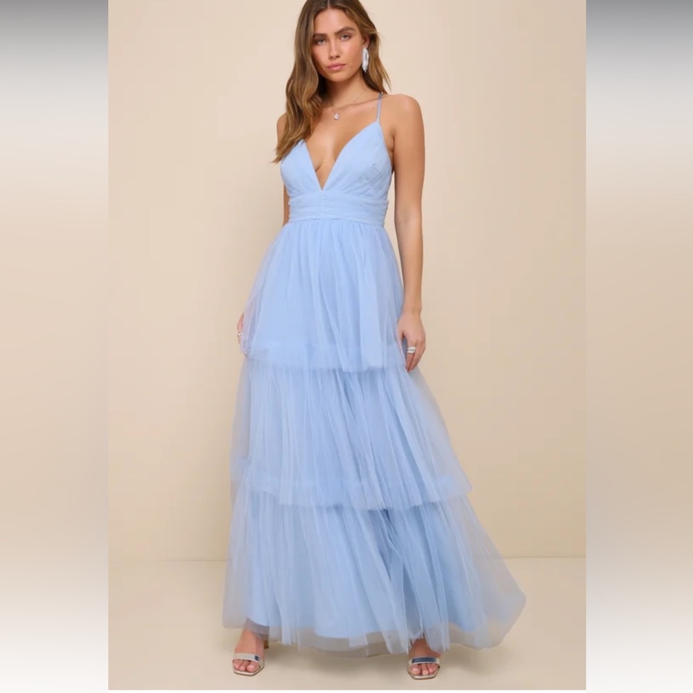 Lulus Charming Glamour Light Blue Tulle Sleeveless Tiered
Maxi Dress